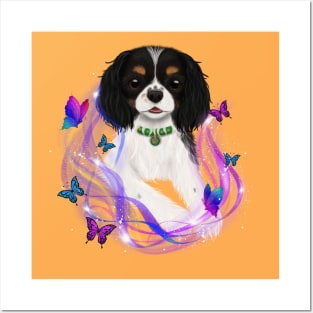 Magical Cavalier King Charles Spaniel and Butterflies, Tri Colored Posters and Art